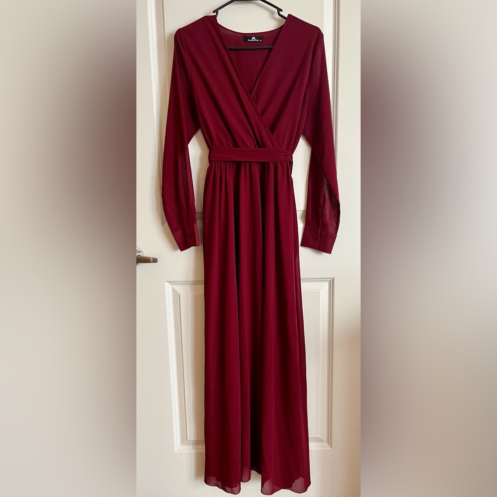 DoubleChic Womens Long Sleeve V-Neck Chiffon Dress Merlot Medium
